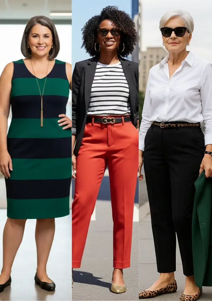 Drei Frauen im Vergleich: gestreiftes Kleid, gestreifter Blazer mit roter Hose und weiße Bluse mit schwarzer Hose, jeweils kombiniert mit Ballerinas