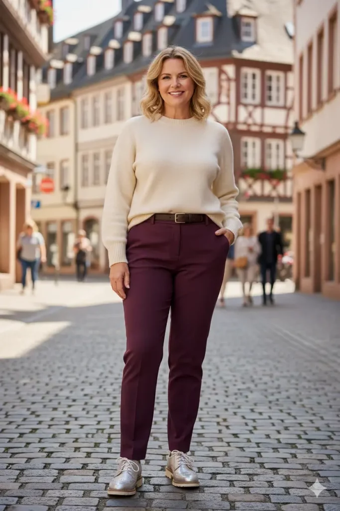 Frau in cremefarbenem Pullover kombiniert mit bordeauxroter Stoffhose und metallisch glänzenden Schnürschuhen