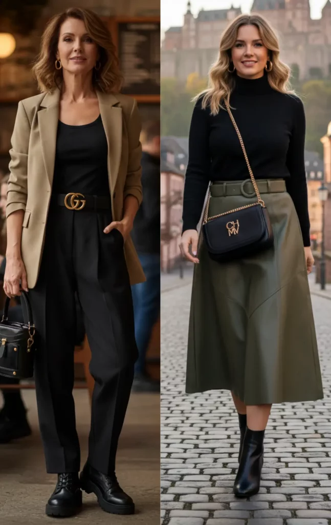 Zwei Frauen im Vergleich: Business-Look mit Gürtel und Trenchcoat sowie Lederrock mit Umhängetasche
