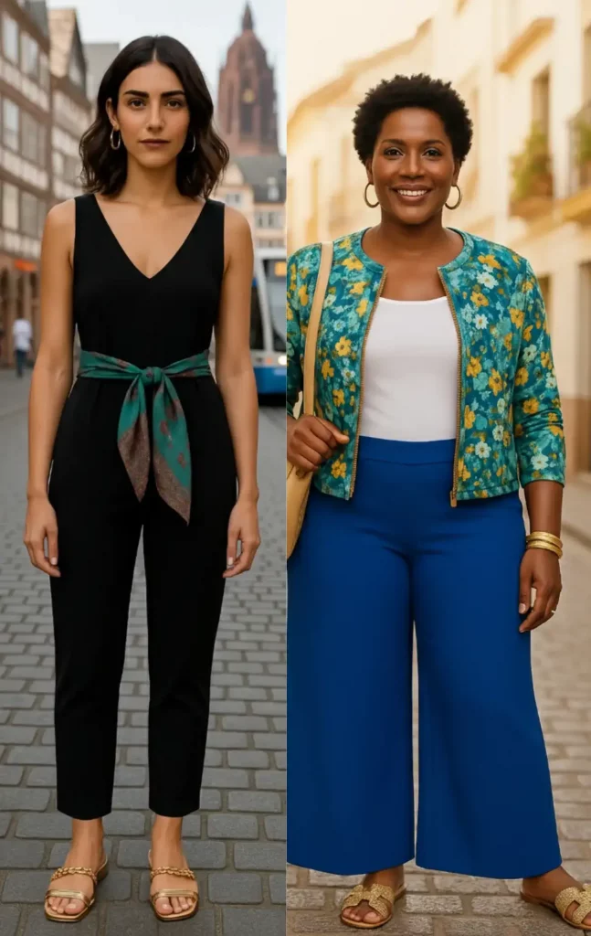 Zwei Frauen im Vergleich: schwarzer Jumpsuit mit Schal kombiniert mit goldenen Sandalen sowie geblümte Jacke mit blauer Hose kombiniert mit goldenen Sandalen