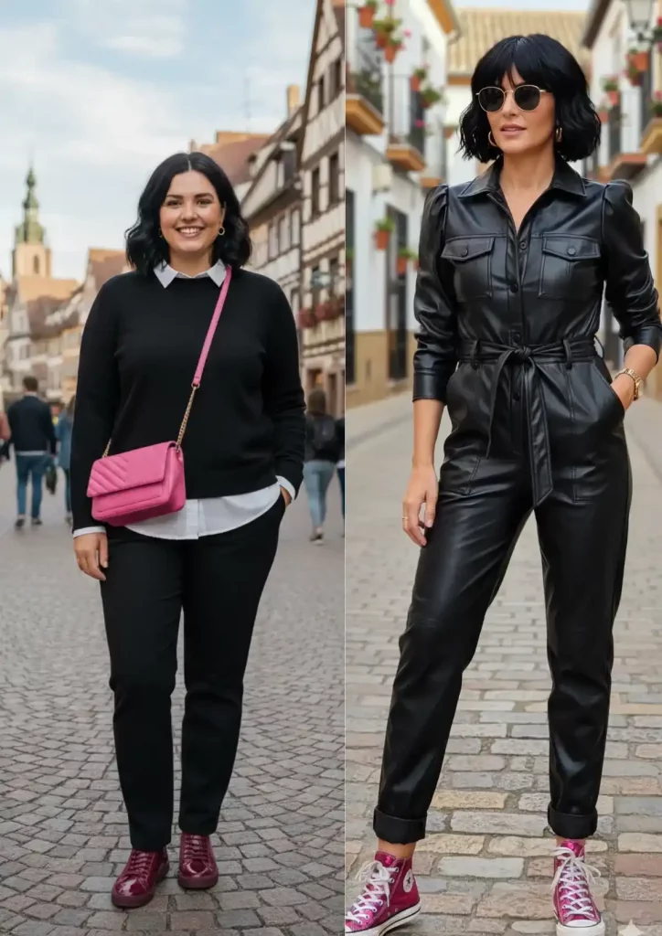 Zwei Frauen im Vergleich: schwarzer Pullover mit weißer Bluse kombiniert mit pinken Sneakern sowie schwarzer Lederoverall kombiniert mit pinken Sneakern