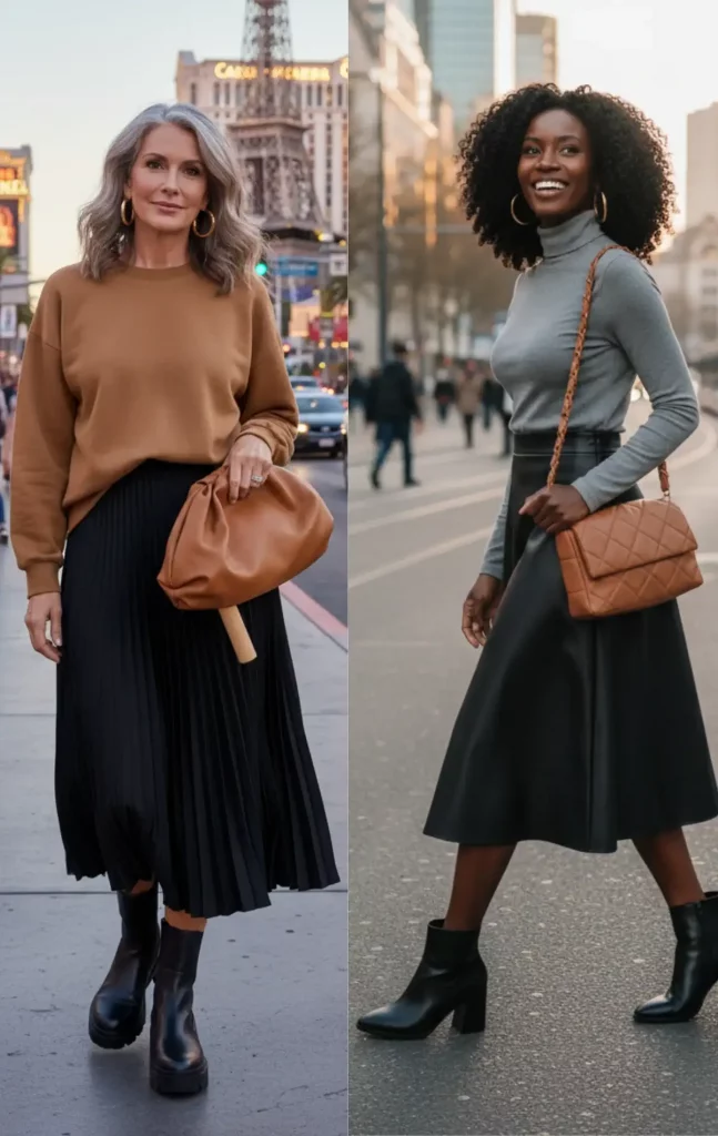 Zwei Frauen im Vergleich: Plisseerock mit Sweatshirt sowie Lederrock mit Rollkragenpullover, jeweils kombiniert mit Stiefeletten