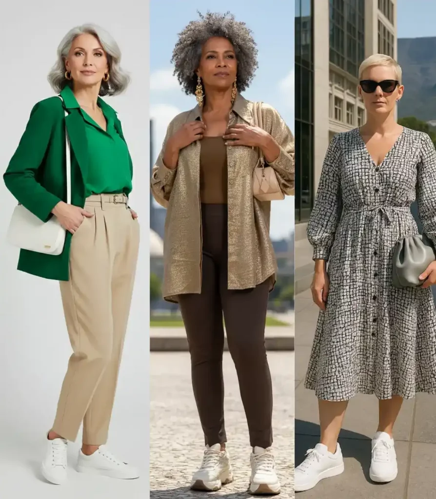Drei Frauen im Vergleich: grüner Blazer mit beiger Hose, goldene Bluse mit brauner Hose und gemustertes Kleid, jeweils kombiniert mit weißen Sneakern