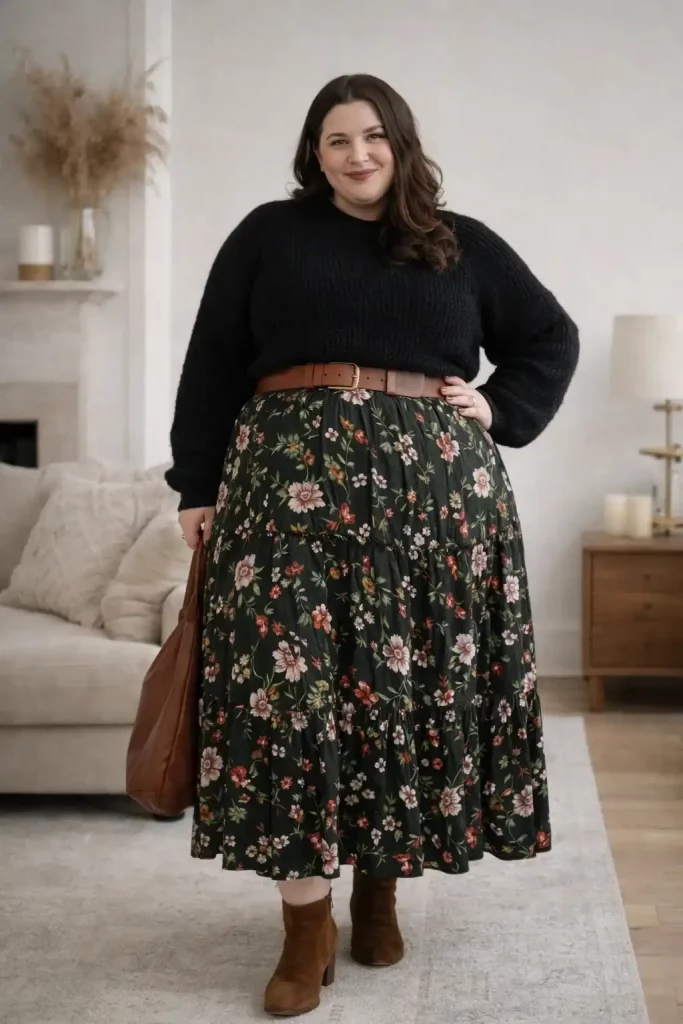 Sommerkleid im Winter tragen: geblümtes Kleid als Rock kombiniert mit Strickpullover