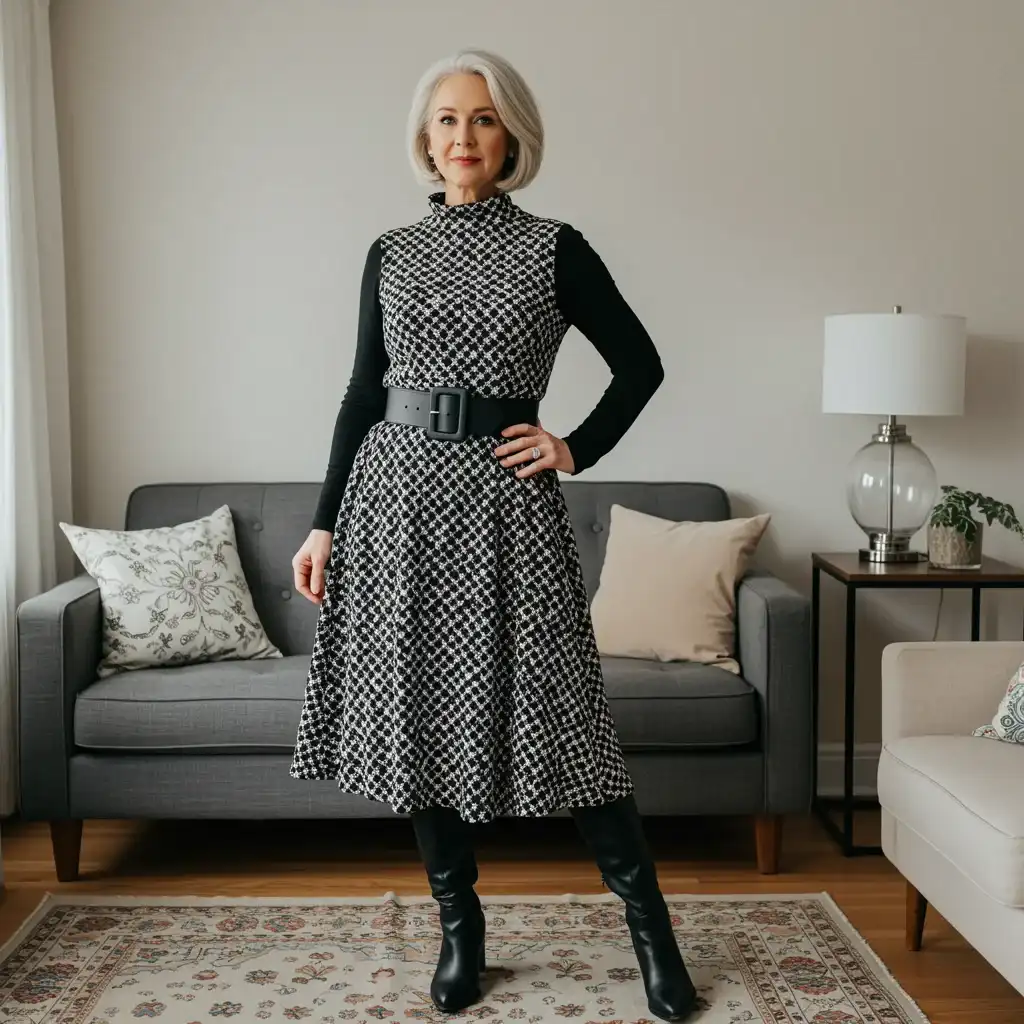 Kariertes Kleid mit Rollkragen, Gürtel und Overknee-Stiefeln kombiniert