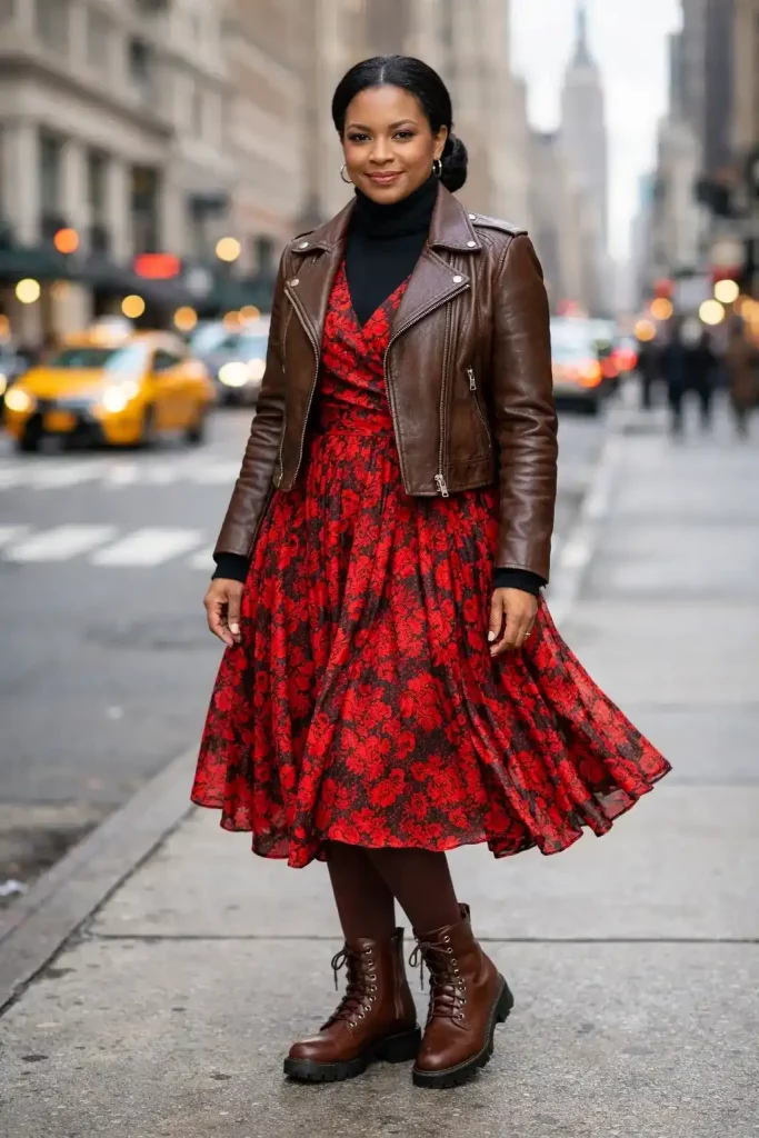 Sommerkleid im Winter tragen: rot geblümtes Kleid kombiniert mit Lederjacke und Boots