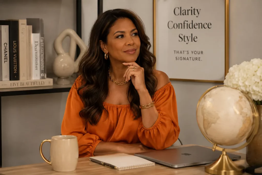 Frau in oranger Bluse sitzt am Schreibtisch mit Laptop, Globus und Poster 'Clarity Confidence Style'