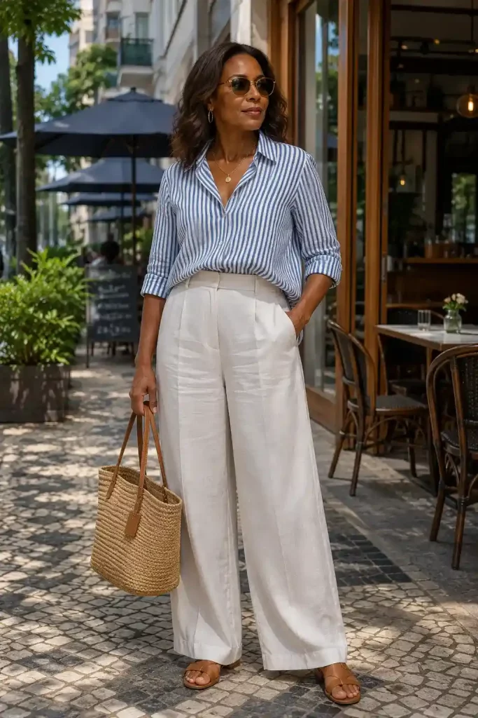 Frau in blau-weiß gestreifter Bluse und weiter beiger Stoffhose – Sommer-Outfit für Frauen über 40