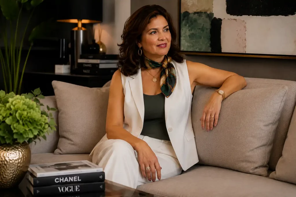 rau in weißer Weste und grünem Seidentuch sitzt auf einem Sofa, im Hintergrund Chanel- und Vogue-Bücher.