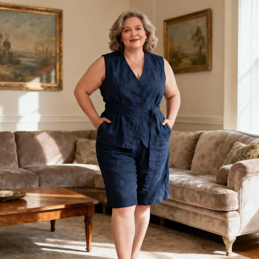 Frau in marineblauer Leinenweste und passender Shorts – Sommer-Outfit für Frauen über 40