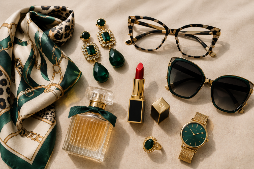 Flatlay mit Seidentuch, Schmuck, Brillen, Lippenstift, Parfüm und Uhr in Smaragdgrün und Gold.